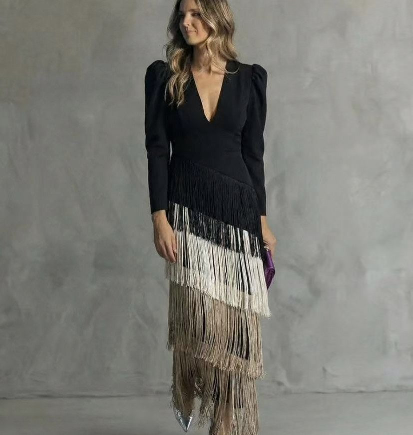 Puff Sleeve Fringe Midi Dress