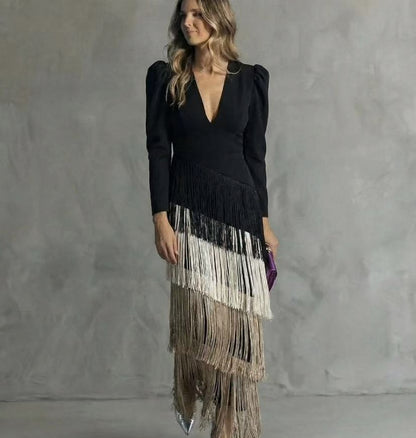 Puff Sleeve Fringe Midi Dress