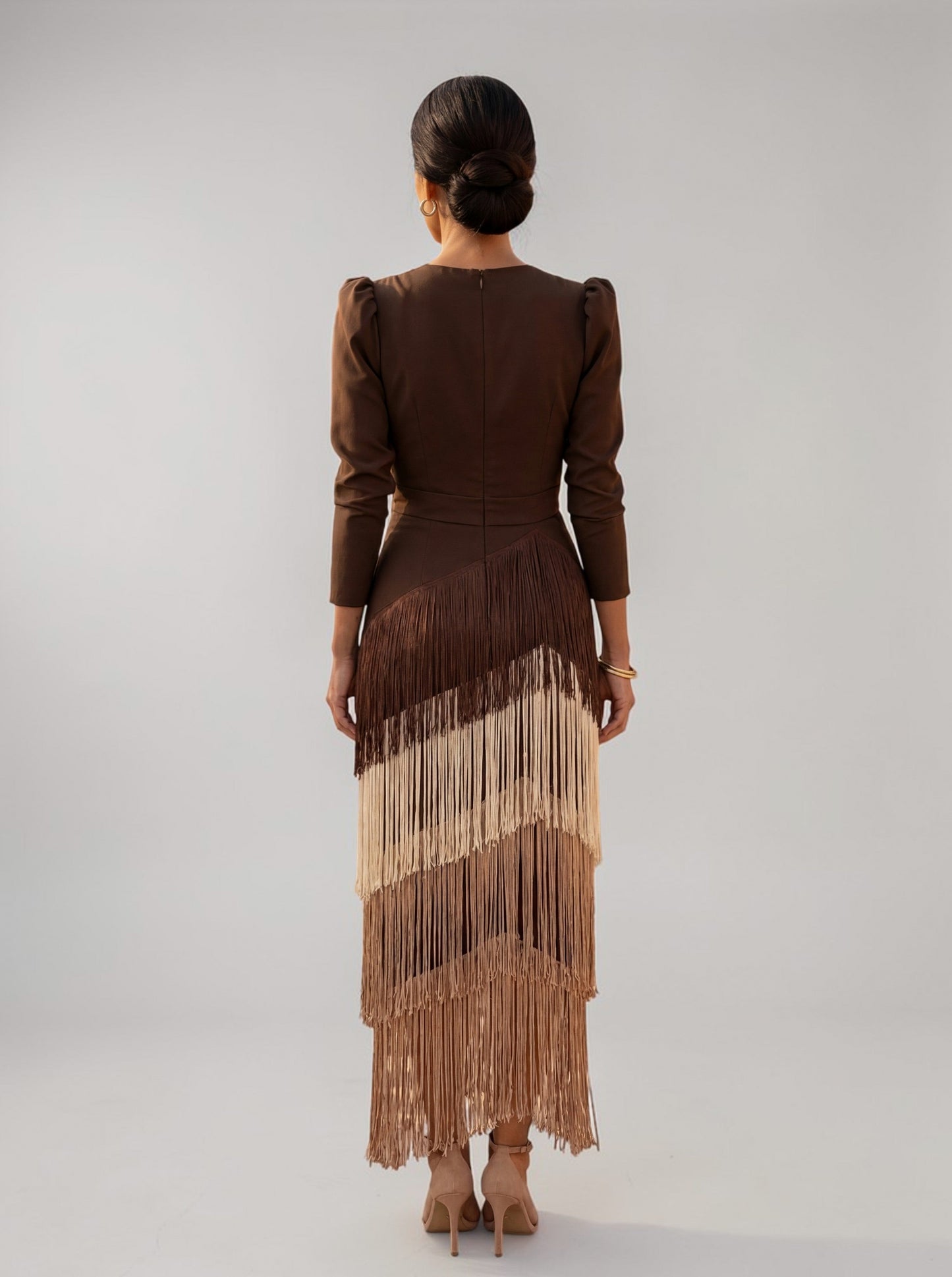 Puff Sleeve Fringe Midi Dress