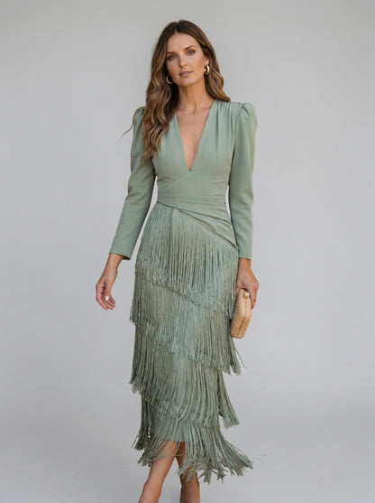 Puff Sleeve Fringe Midi Dress
