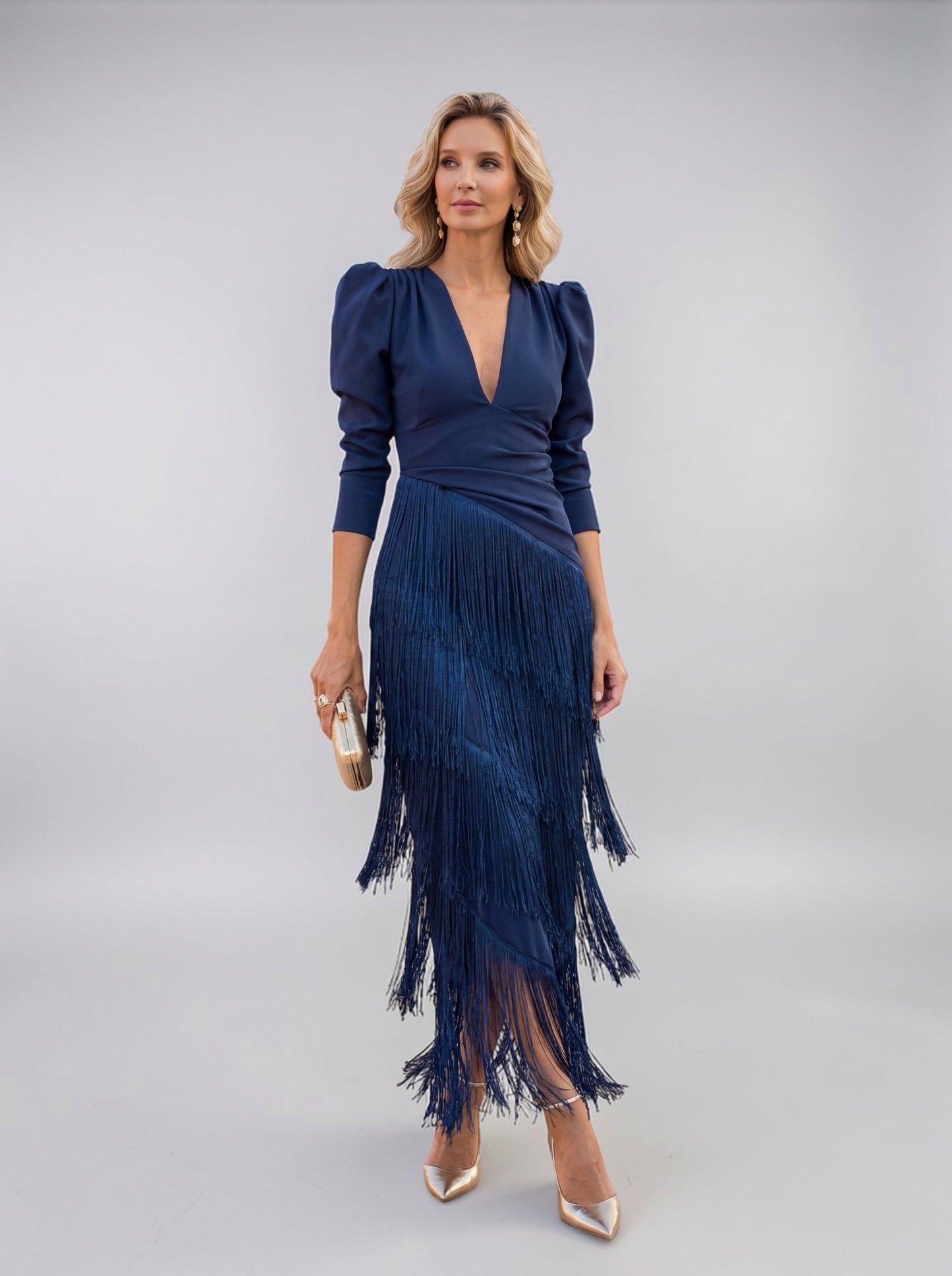 Puff Sleeve Fringe Midi Dress
