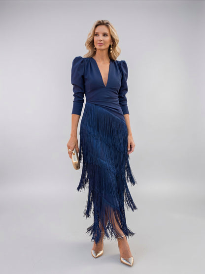 Puff Sleeve Fringe Midi Dress