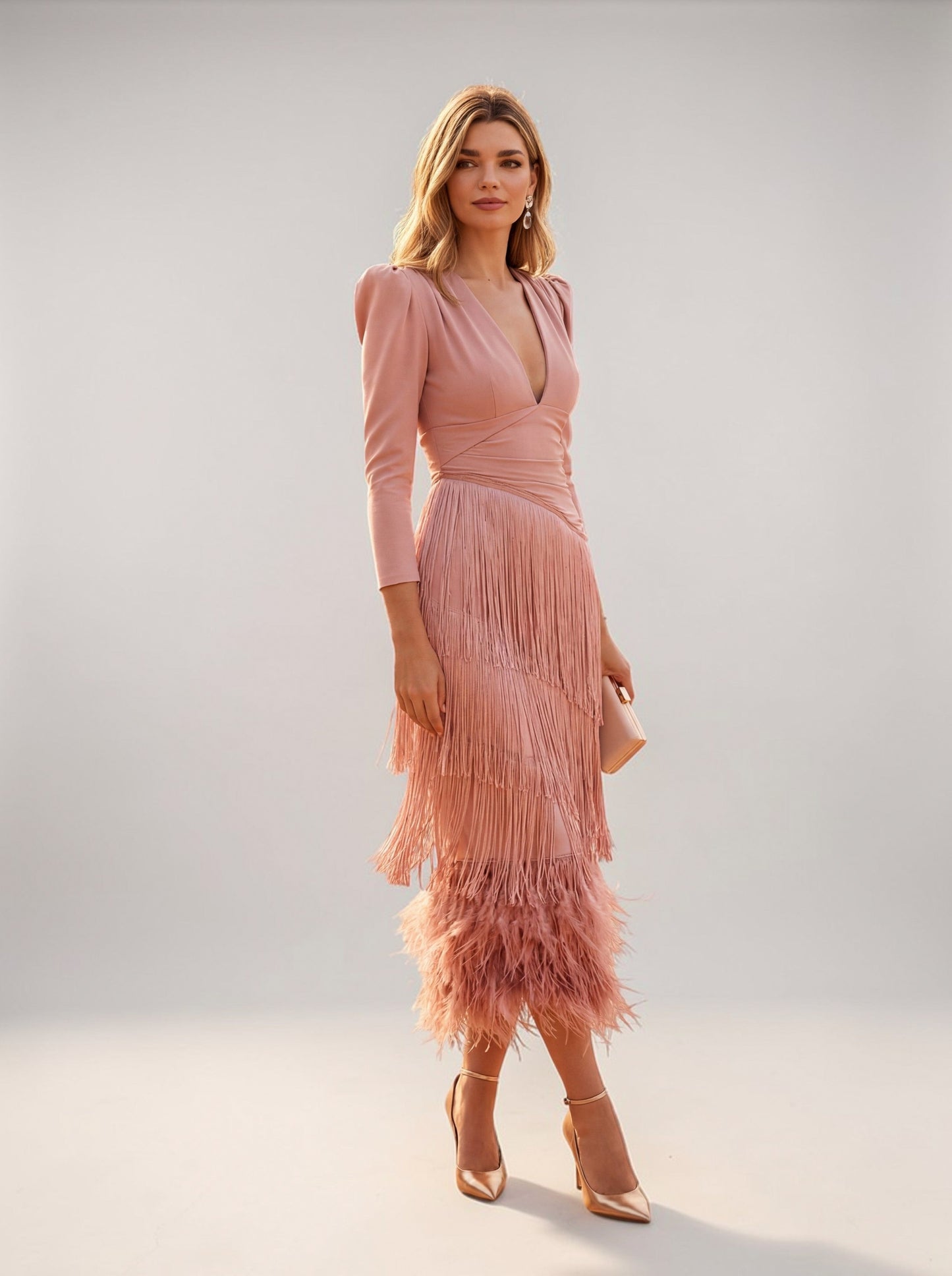 Puff Sleeve Fringe Midi Dress