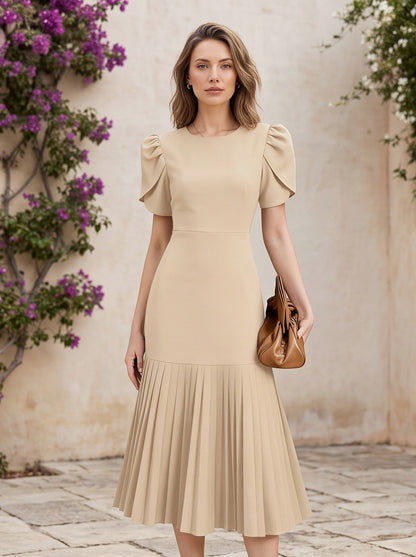 Puff Sleeve Pleated Midi Dress