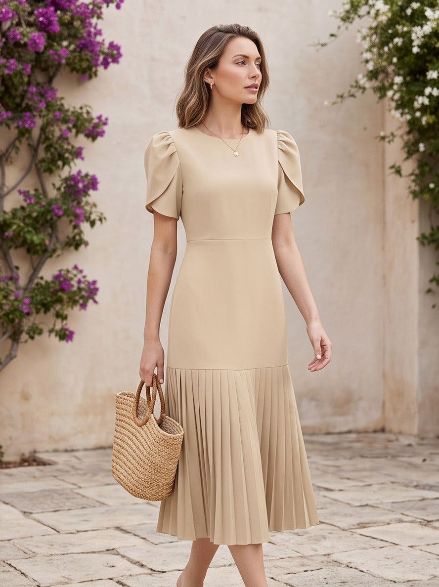 Puff Sleeve Pleated Midi Dress