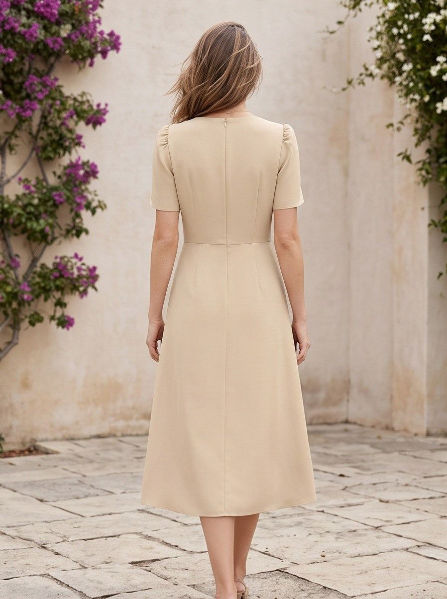 Puff Sleeve Pleated Midi Dress