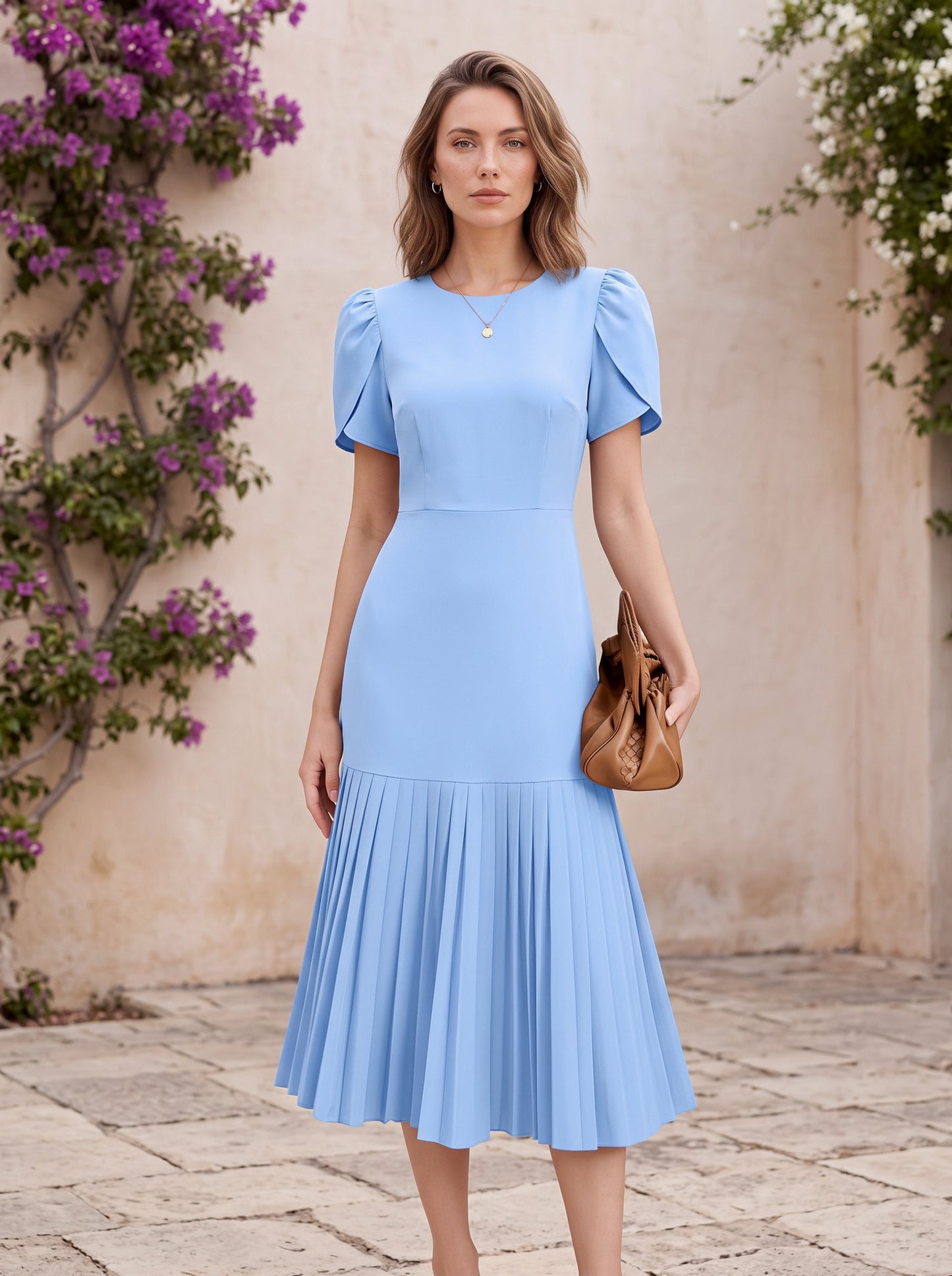 Puff Sleeve Pleated Midi Dress