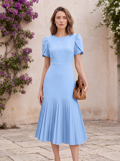 Puff Sleeve Pleated Midi Dress