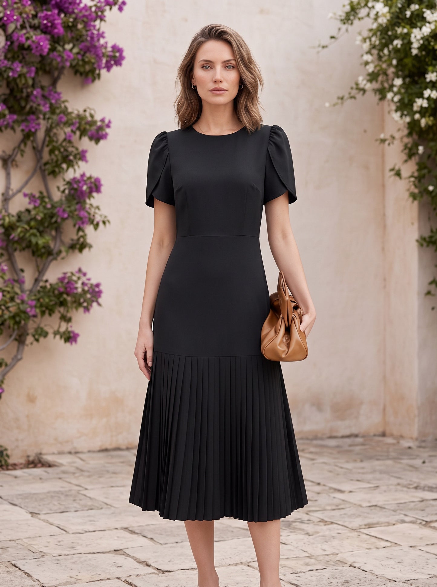 Puff Sleeve Pleated Midi Dress