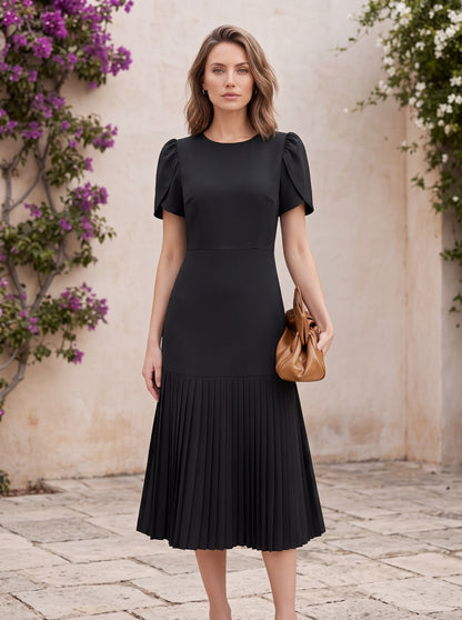 Puff Sleeve Pleated Midi Dress