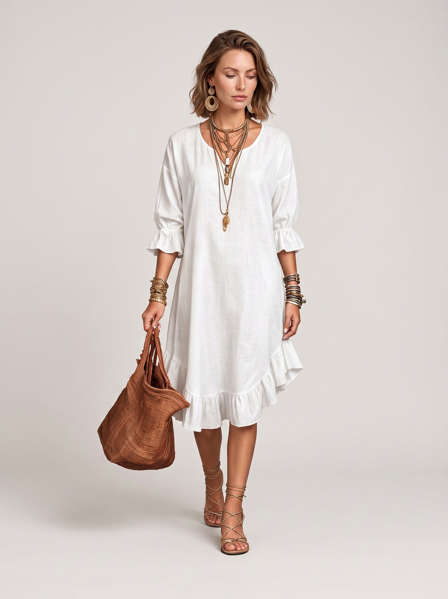 Linen Ruffle Hem Midi Dress