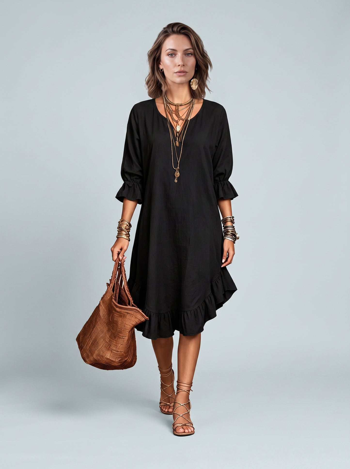 Linen Ruffle Hem Midi Dress