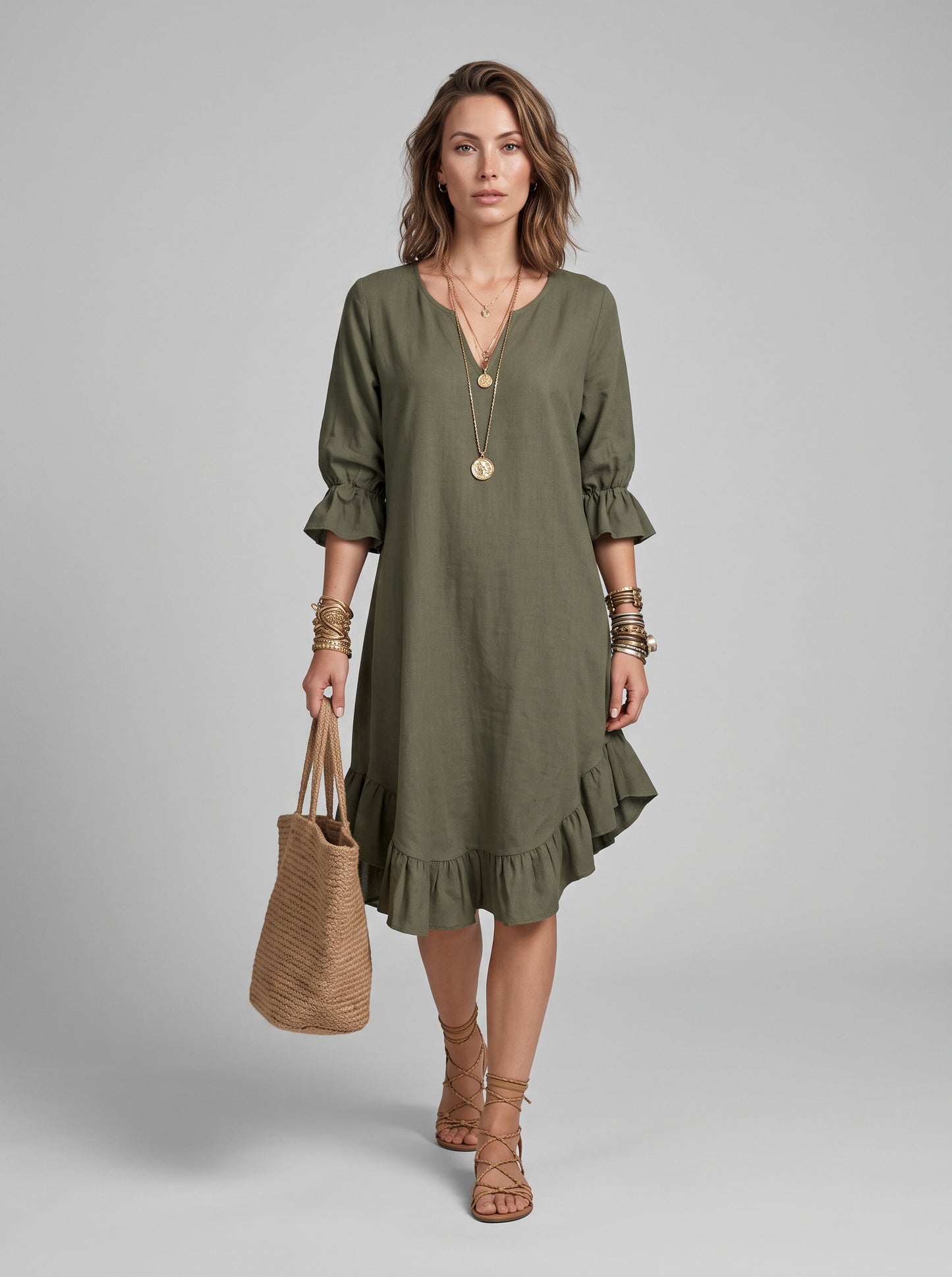 Linen Ruffle Hem Midi Dress