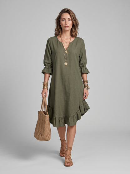 Linen Ruffle Hem Midi Dress