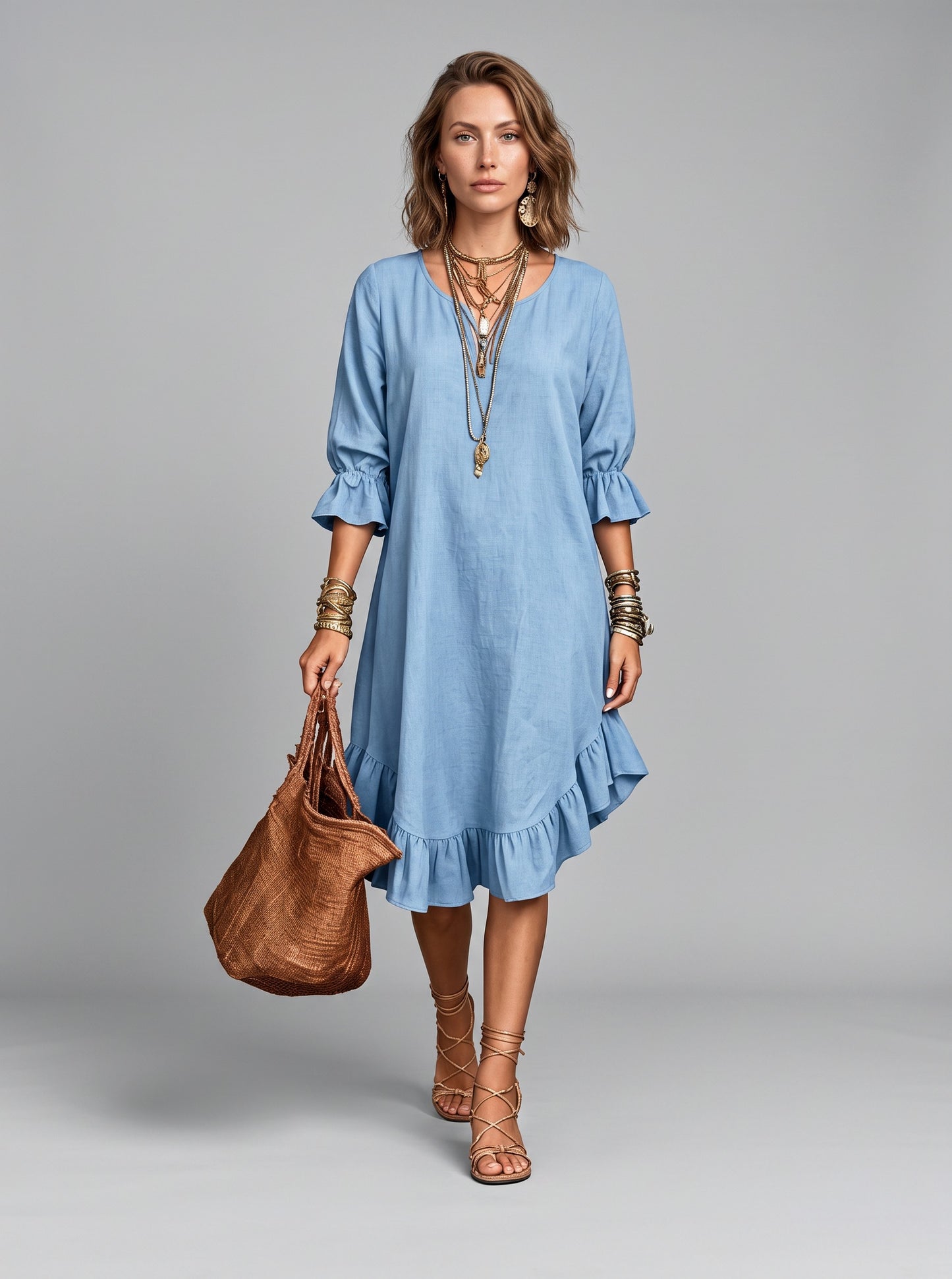 Linen Ruffle Hem Midi Dress