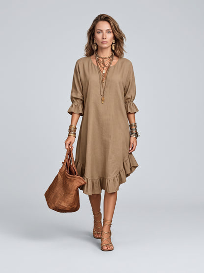 Linen Ruffle Hem Midi Dress