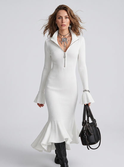 Ribbed Half Zip Midi Sweater Dress