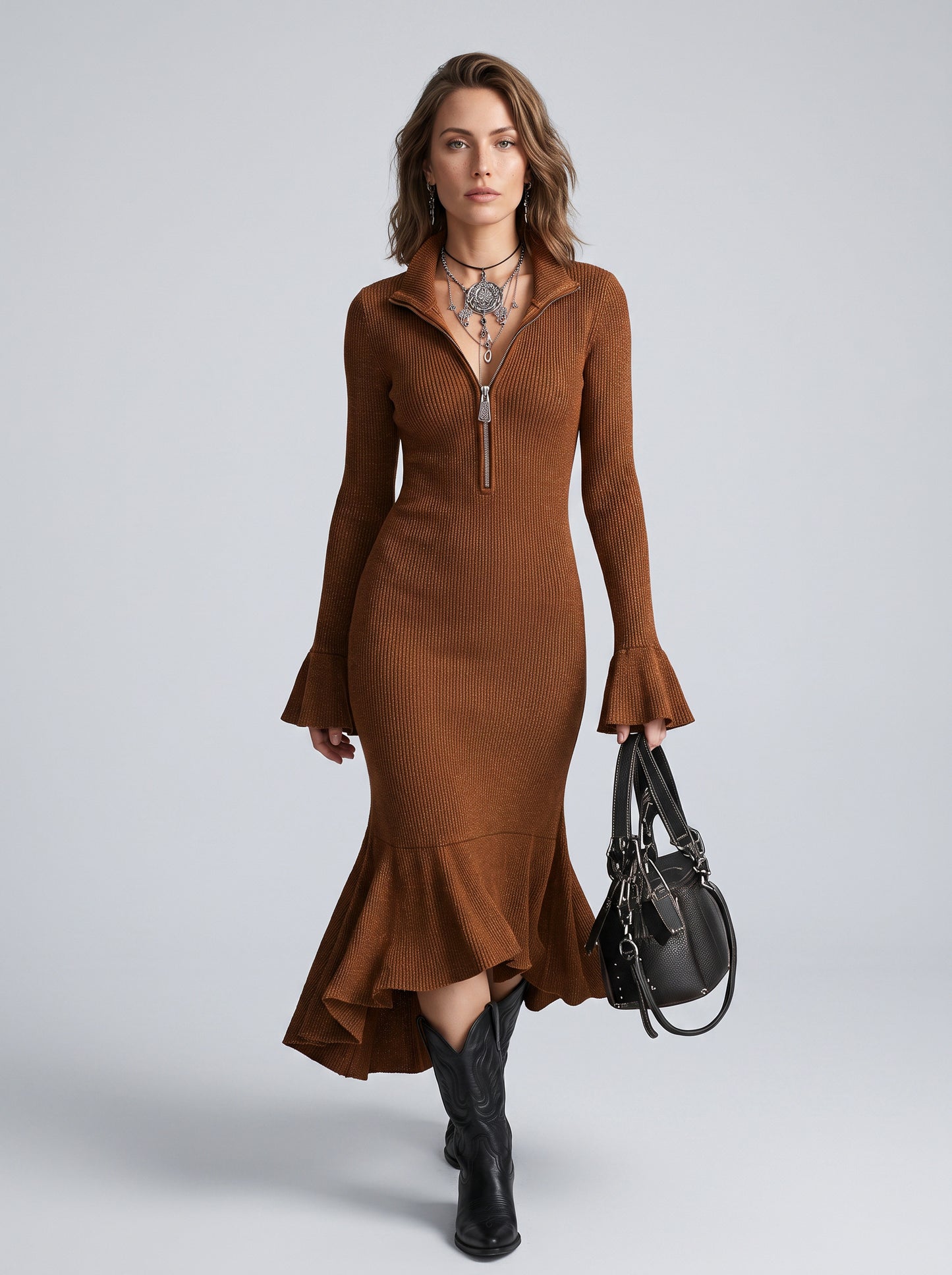 Ribbed Half Zip Midi Sweater Dress
