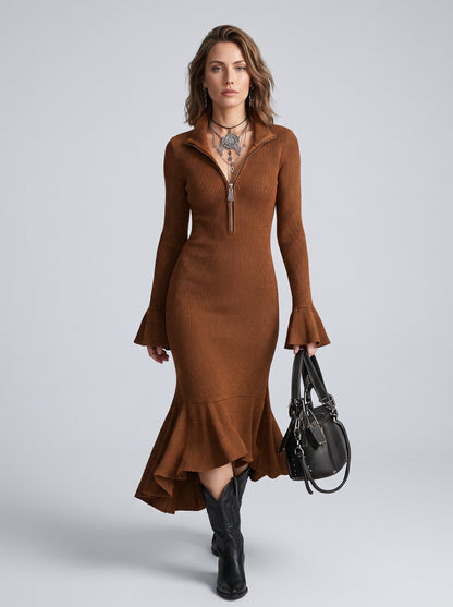 Ribbed Half Zip Midi Sweater Dress