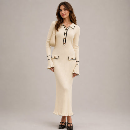 Ribbed Knit Collared Maxi Dress