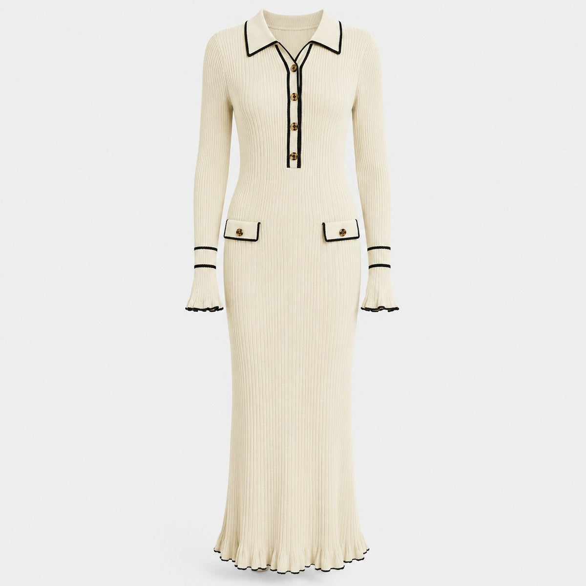 Ribbed Knit Collared Maxi Dress