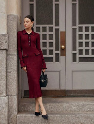Ribbed Knit Collared Maxi Dress