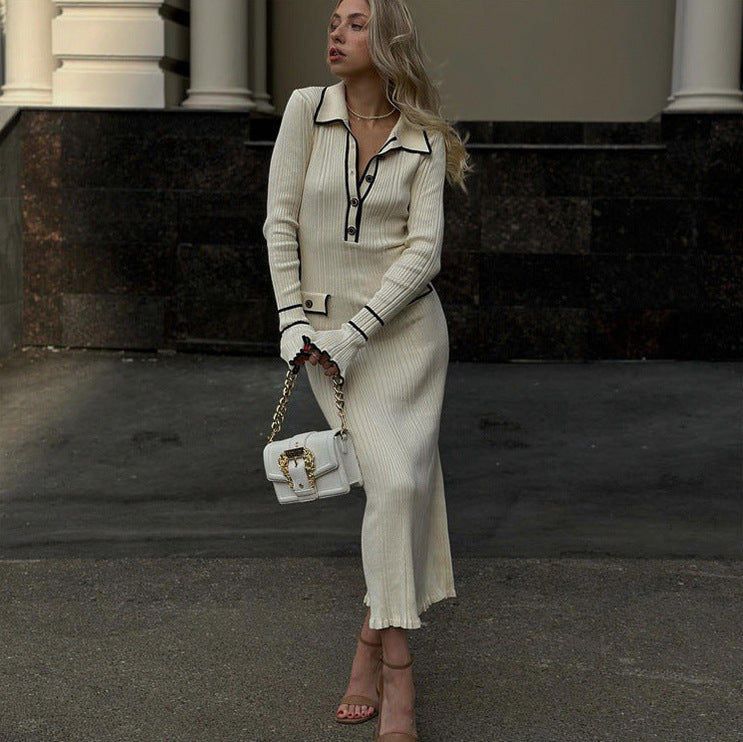 Ribbed Knit Collared Maxi Dress