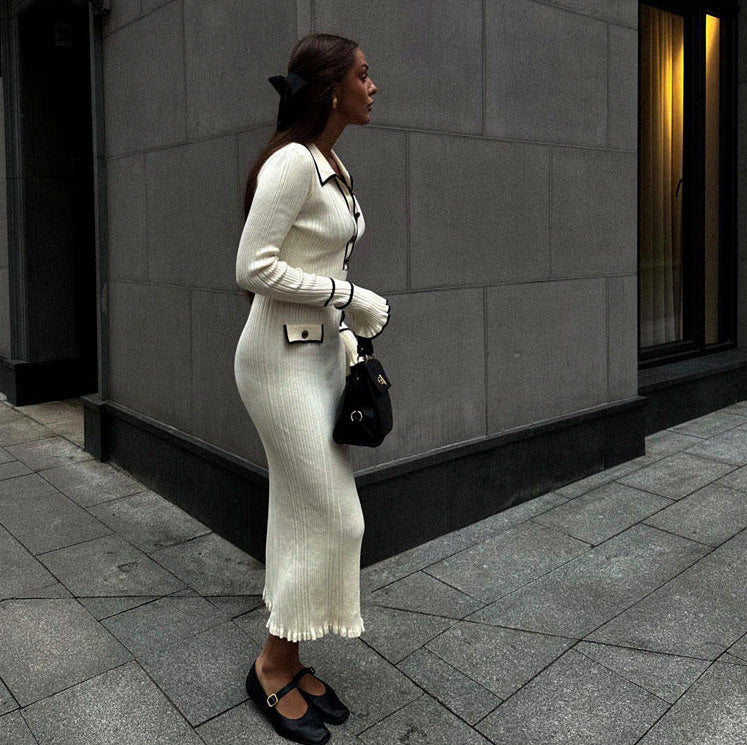 Ribbed Knit Collared Maxi Dress