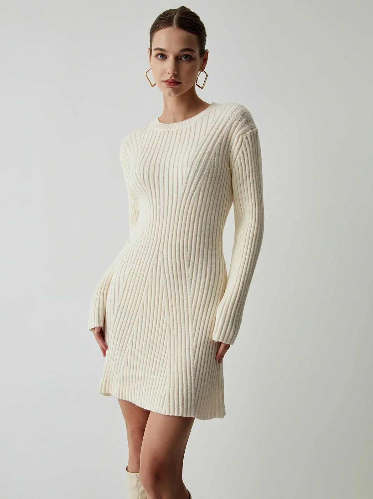 Ribbed Knit Long Sleeve Mini Sweater Dress