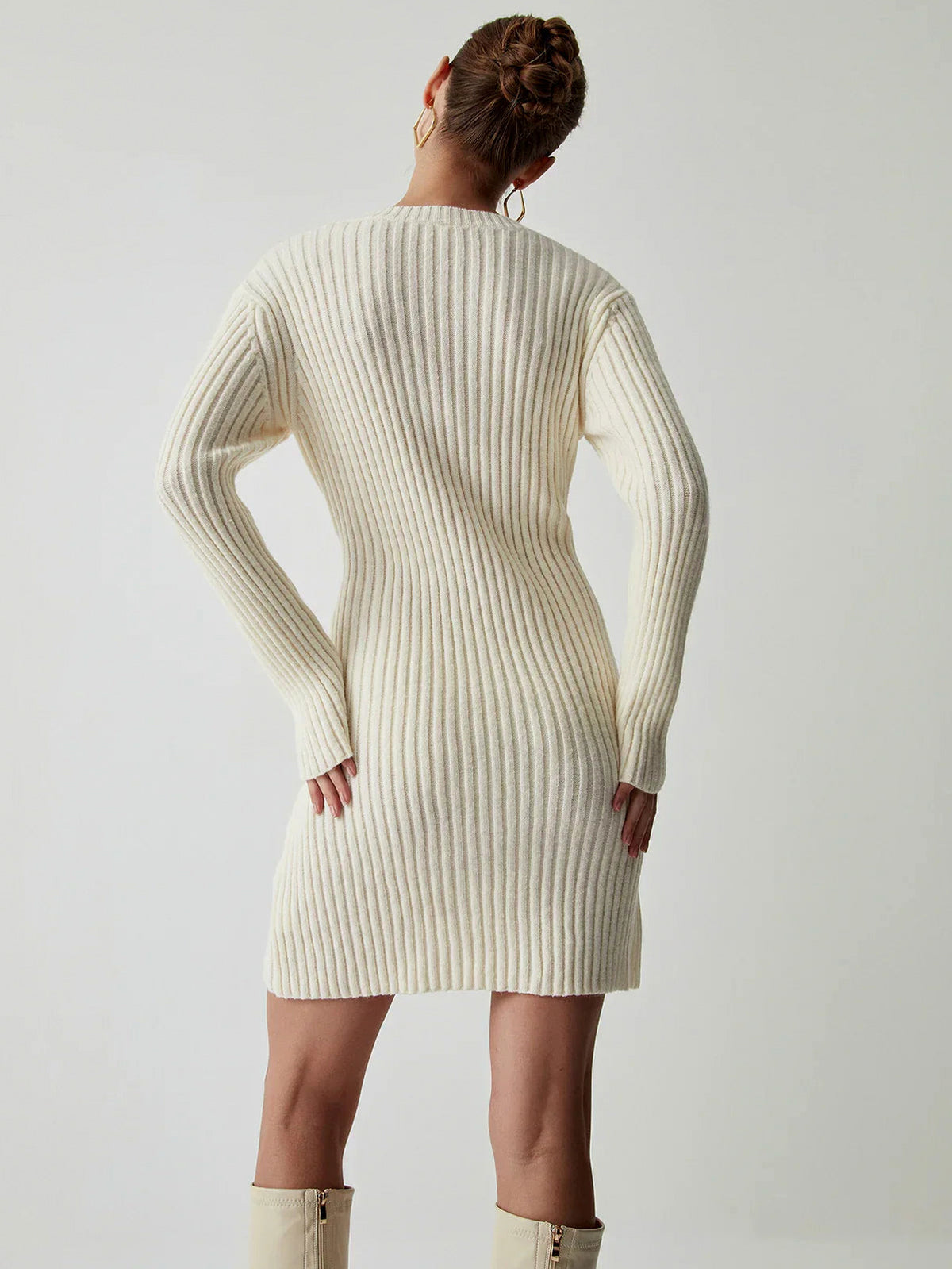 Ribbed Knit Long Sleeve Mini Sweater Dress