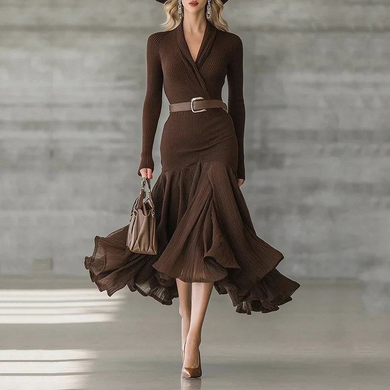 Ribbed Knit Pleated Wrap Midi Dress
