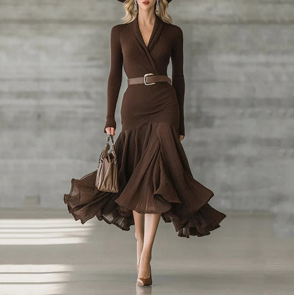 Ribbed Knit Pleated Wrap Midi Dress