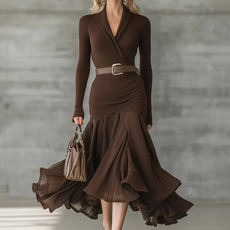 Ribbed Knit Pleated Wrap Midi Dress