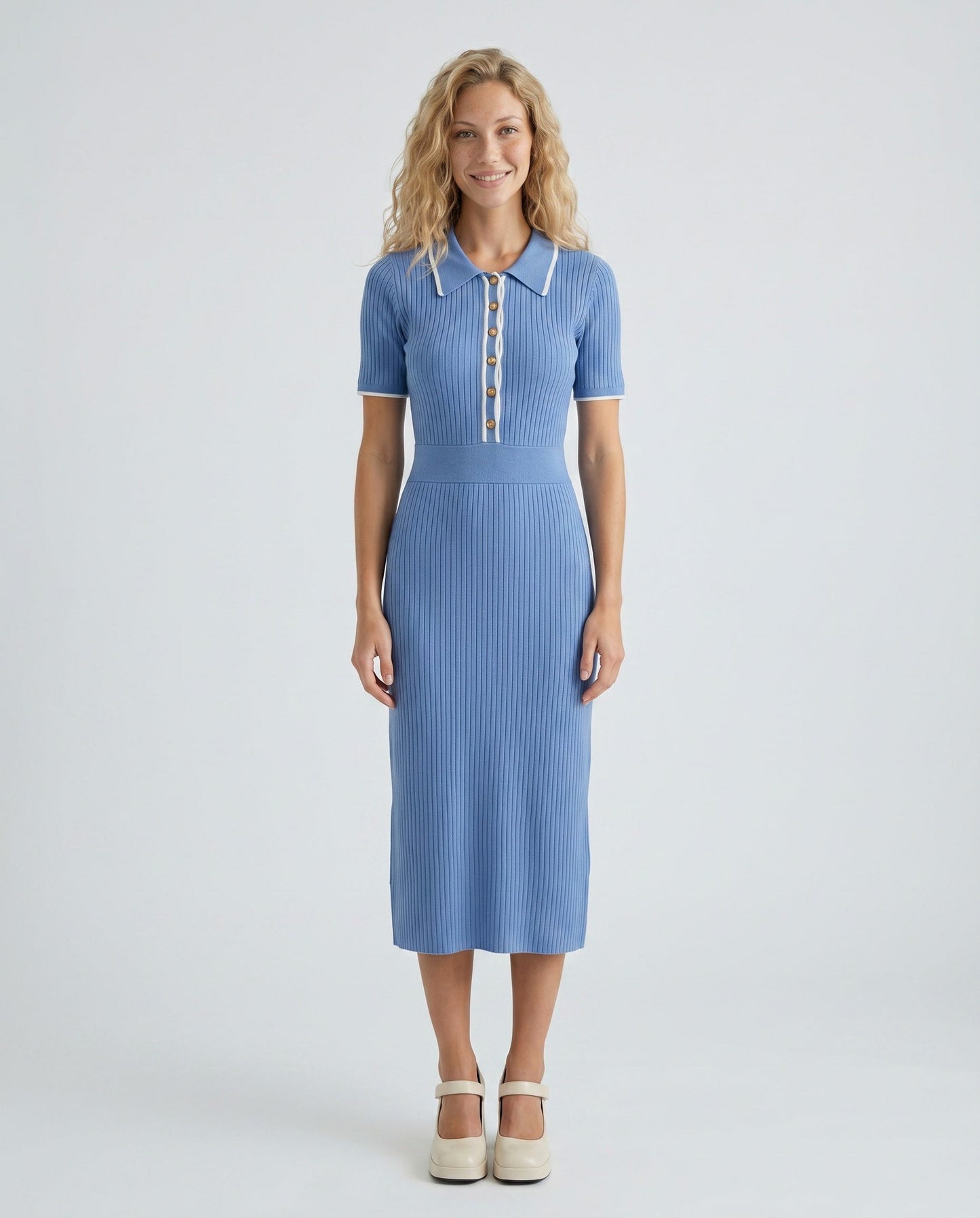 Ribbed Knit Polo Midi Dress