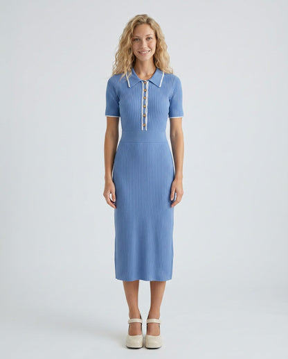 Ribbed Knit Polo Midi Dress