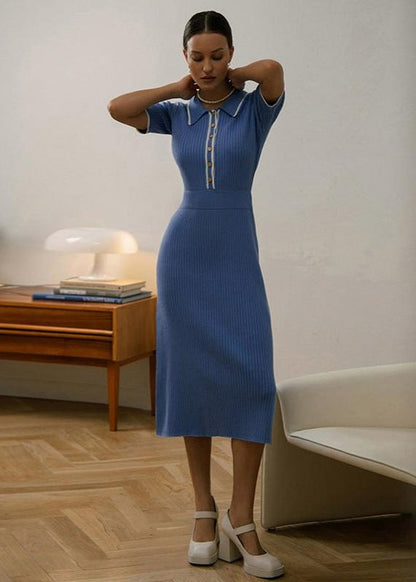 Ribbed Knit Polo Midi Dress