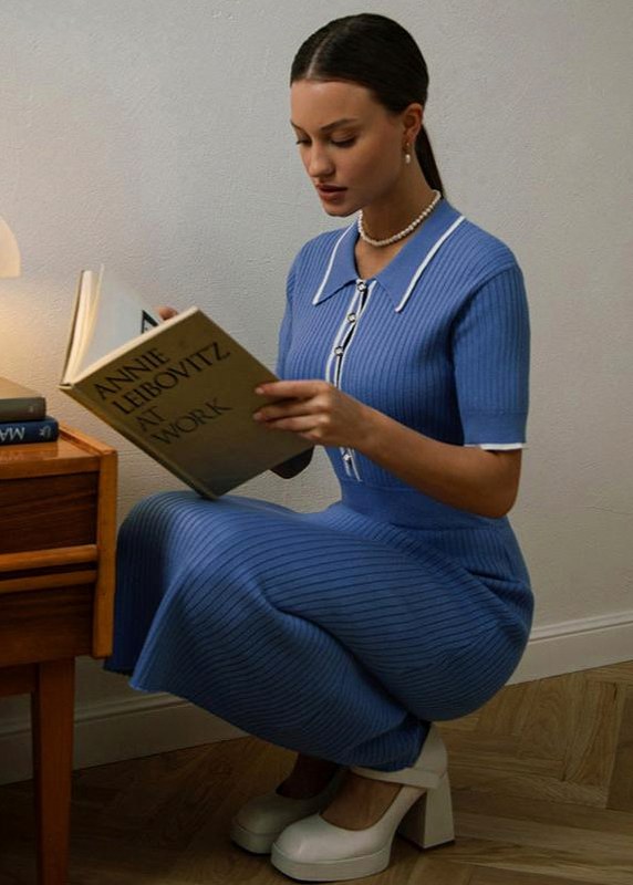 Ribbed Knit Polo Midi Dress