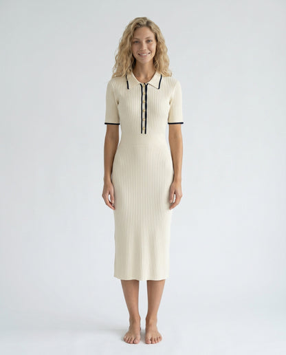 Ribbed Knit Polo Midi Dress