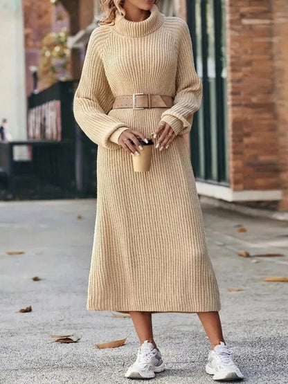 Ribbed Knit Turtleneck Sweater Dress