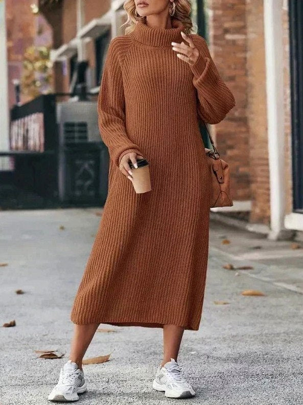 Ribbed Knit Turtleneck Sweater Dress