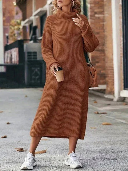Ribbed Knit Turtleneck Sweater Dress