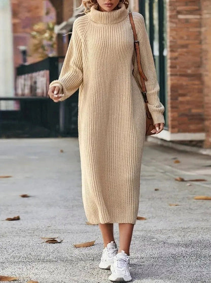 Ribbed Knit Turtleneck Sweater Dress