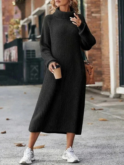 Ribbed Knit Turtleneck Sweater Dress
