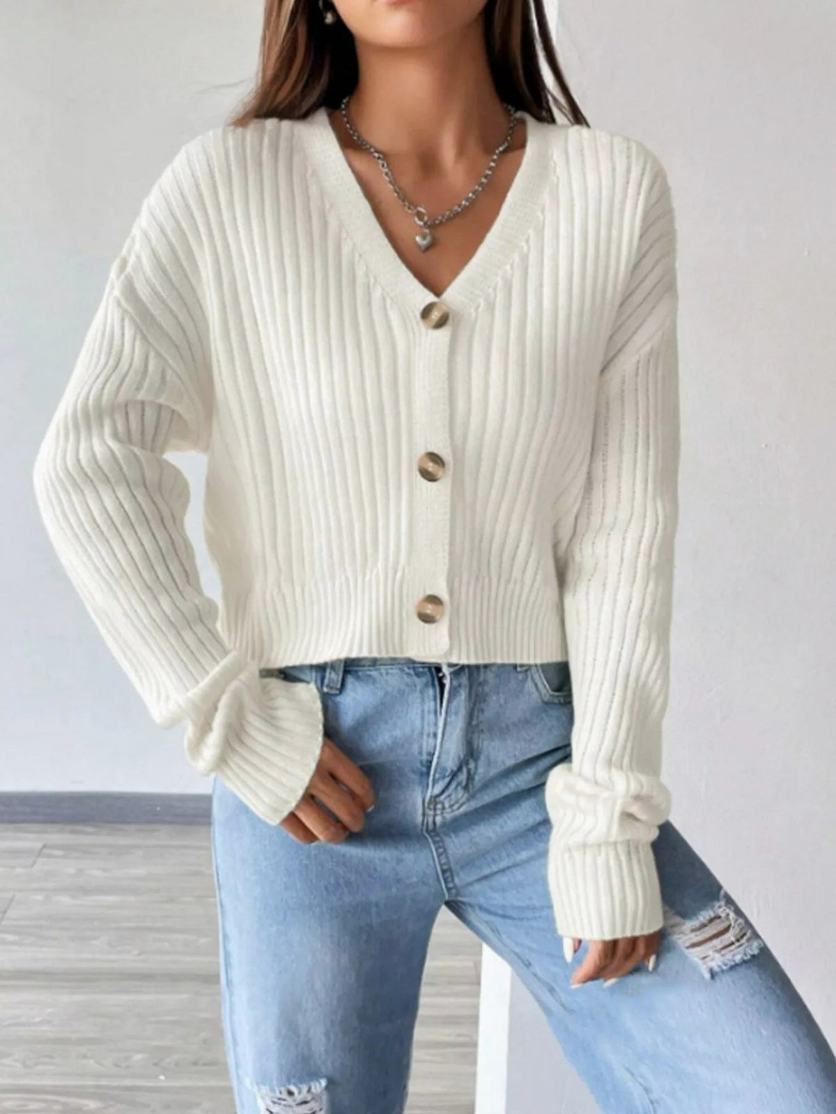 Ribbed Knit V Neck Button Cardigan