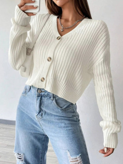 Ribbed Knit V Neck Button Cardigan
