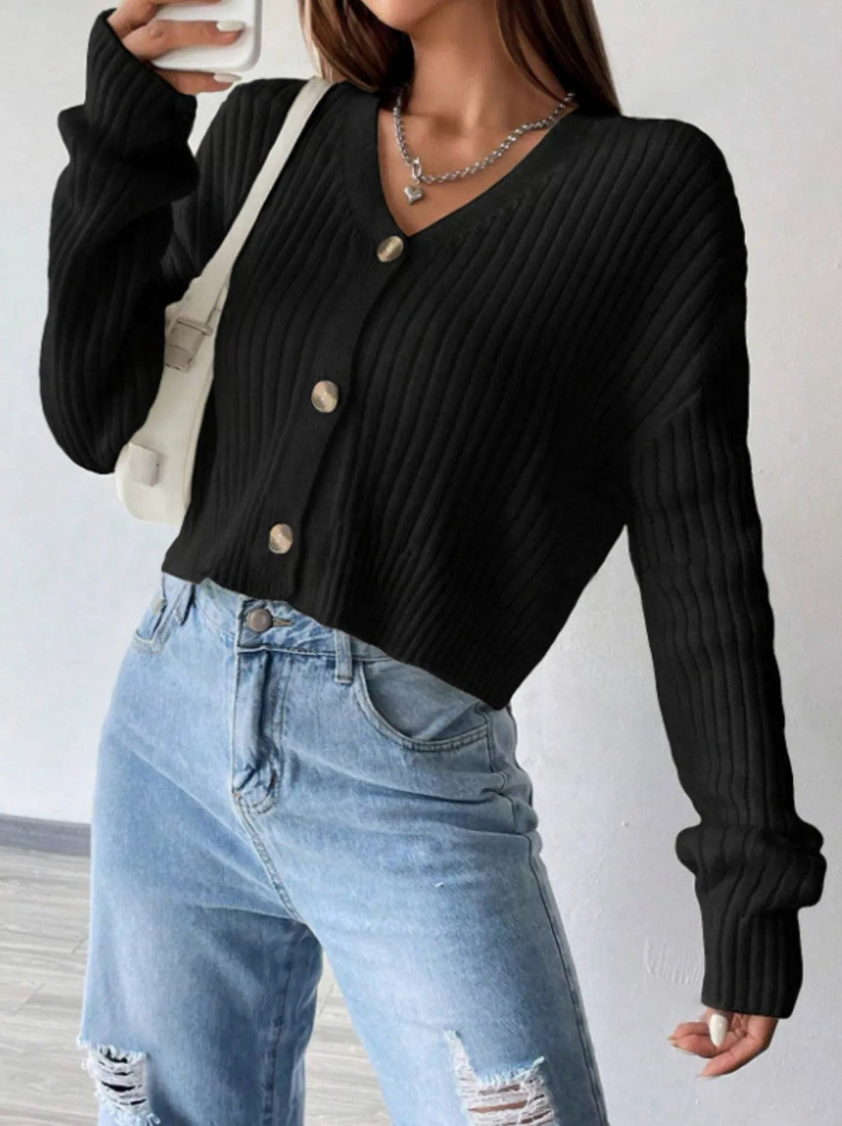 Ribbed Knit V Neck Button Cardigan