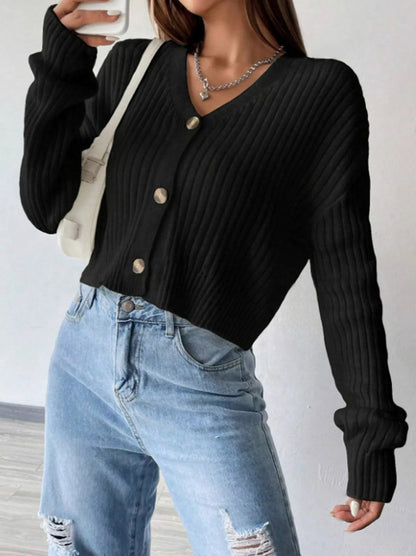 Ribbed Knit V Neck Button Cardigan