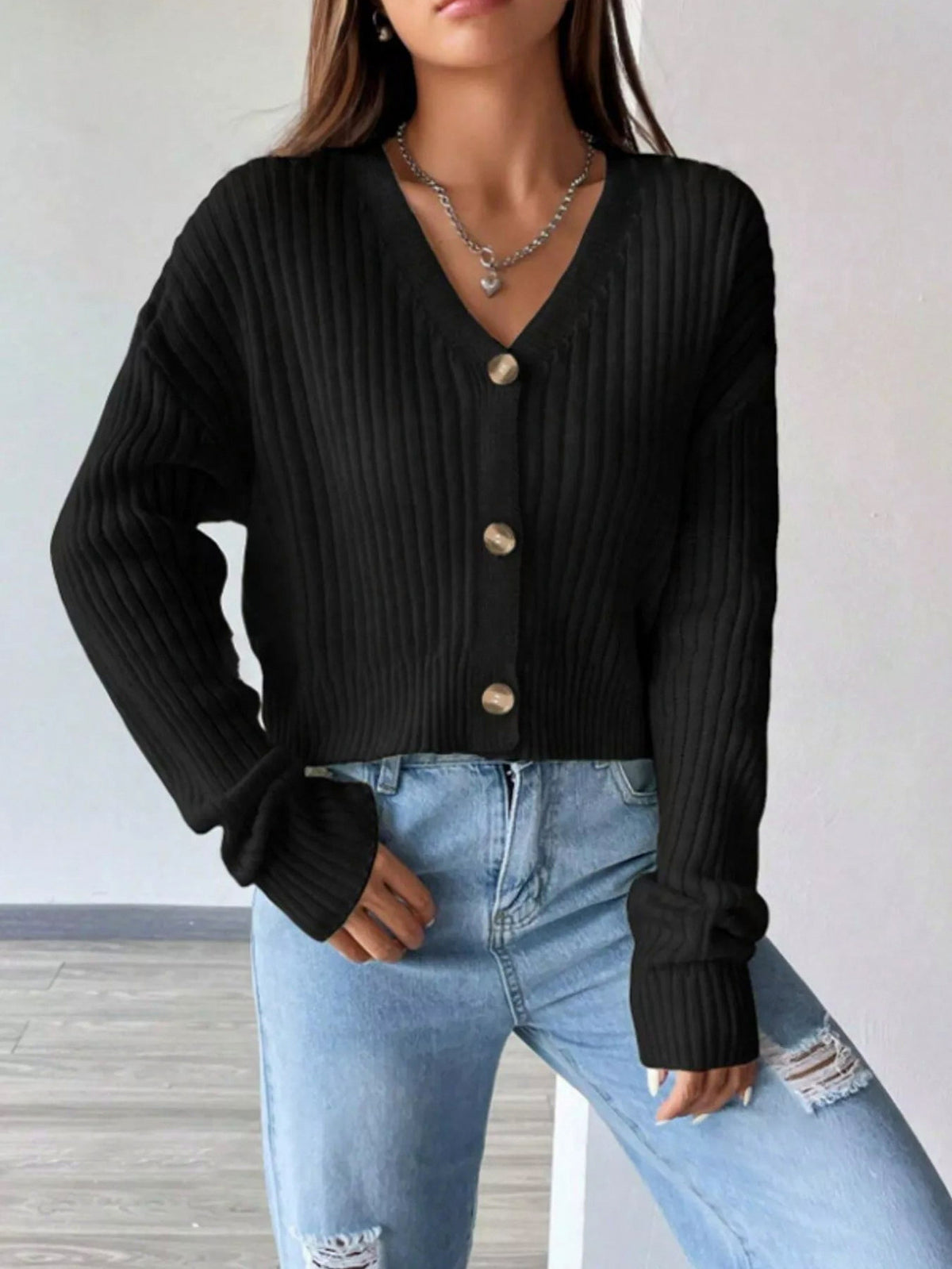 Ribbed Knit V Neck Button Cardigan