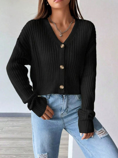 Ribbed Knit V Neck Button Cardigan