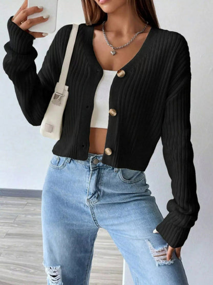 Ribbed Knit V Neck Button Cardigan